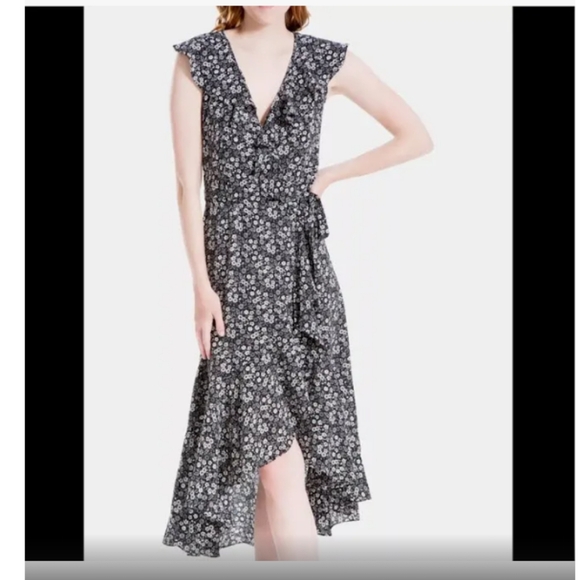Max Studio Dresses & Skirts - Max Studio Black Ivory Floral Ruffle Sleeveless Wrap Midi Dress Size S NWOT